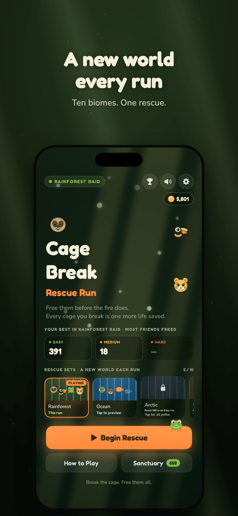 Cage Break menu — a new world every run